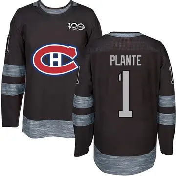 Men's Jacques Plante Montreal Canadiens ＃1 Authentic Black 1917-2017 100th Anniversary Jersey