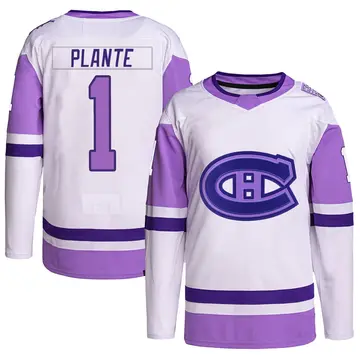 Men's Jacques Plante Montreal Canadiens ＃1 Authentic White/Purple Hockey Fights Cancer Primegreen Jersey