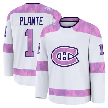 Men's Jacques Plante Montreal Canadiens ＃1 Premium White 2024 Hockey Fights Cancer Practice Jersey