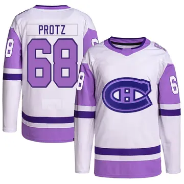 Men's Owen Protz Montreal Canadiens ＃68 Authentic White/Purple Hockey Fights Cancer Primegreen Jersey