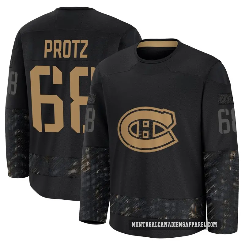 Men's Owen Protz Montreal Canadiens ＃68 Premium Black 2024 Military Appreciation Practice Jersey