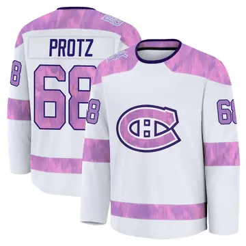Men's Owen Protz Montreal Canadiens ＃68 Premium White 2024 Hockey Fights Cancer Practice Jersey