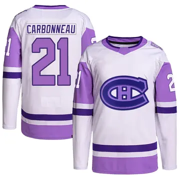 Youth Guy Carbonneau Montreal Canadiens ＃21 Authentic White/Purple Hockey Fights Cancer Primegreen Jersey