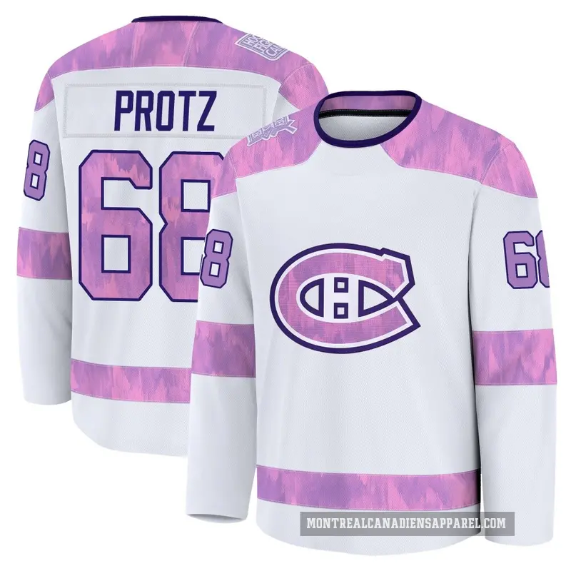 Youth Owen Protz Montreal Canadiens ＃68 Premium White 2024 Hockey Fights Cancer Practice Jersey